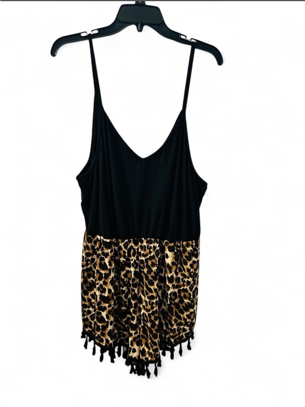 NWOT #SHEIN CURVE Black & Leopard Print Tassel Hem Spaghetti Strap Romper